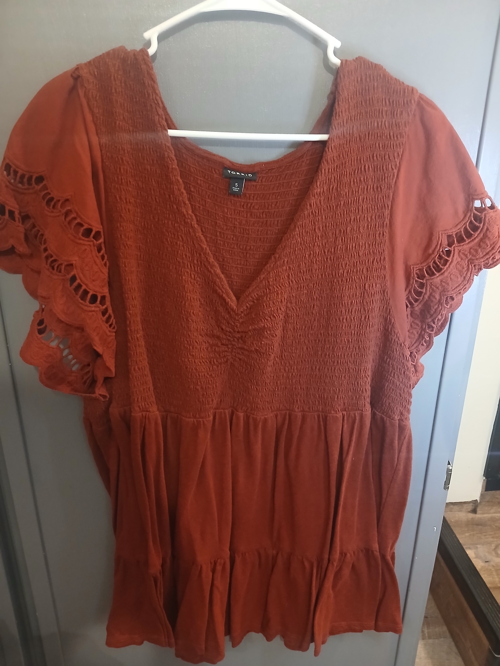 torrid Rust Orange Smocked V-Neck Tunic with Lace Flutter Sleeves
